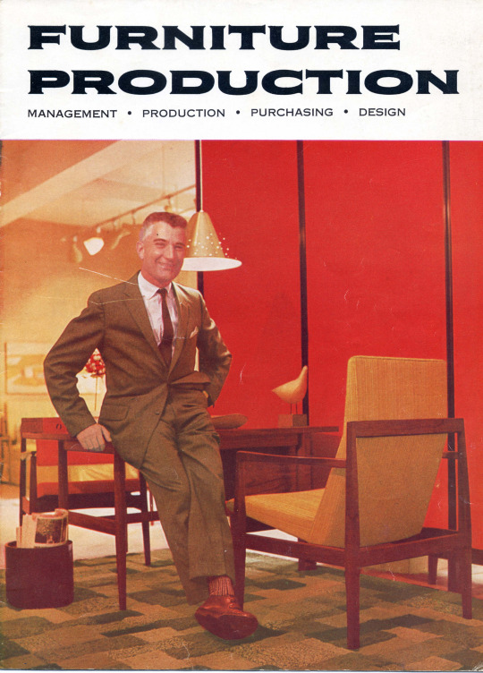 Mid century Furniture Production Advertisement ft. Jens Risom leaning against a desk