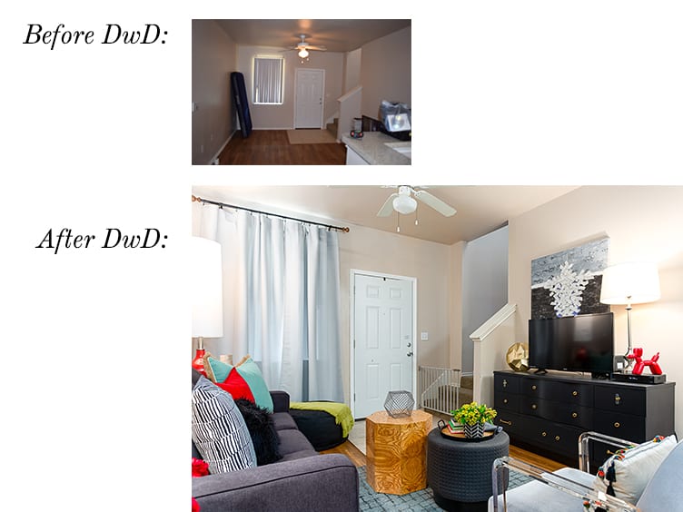 Before and after photos of a Dwell with Dignity living room makeover