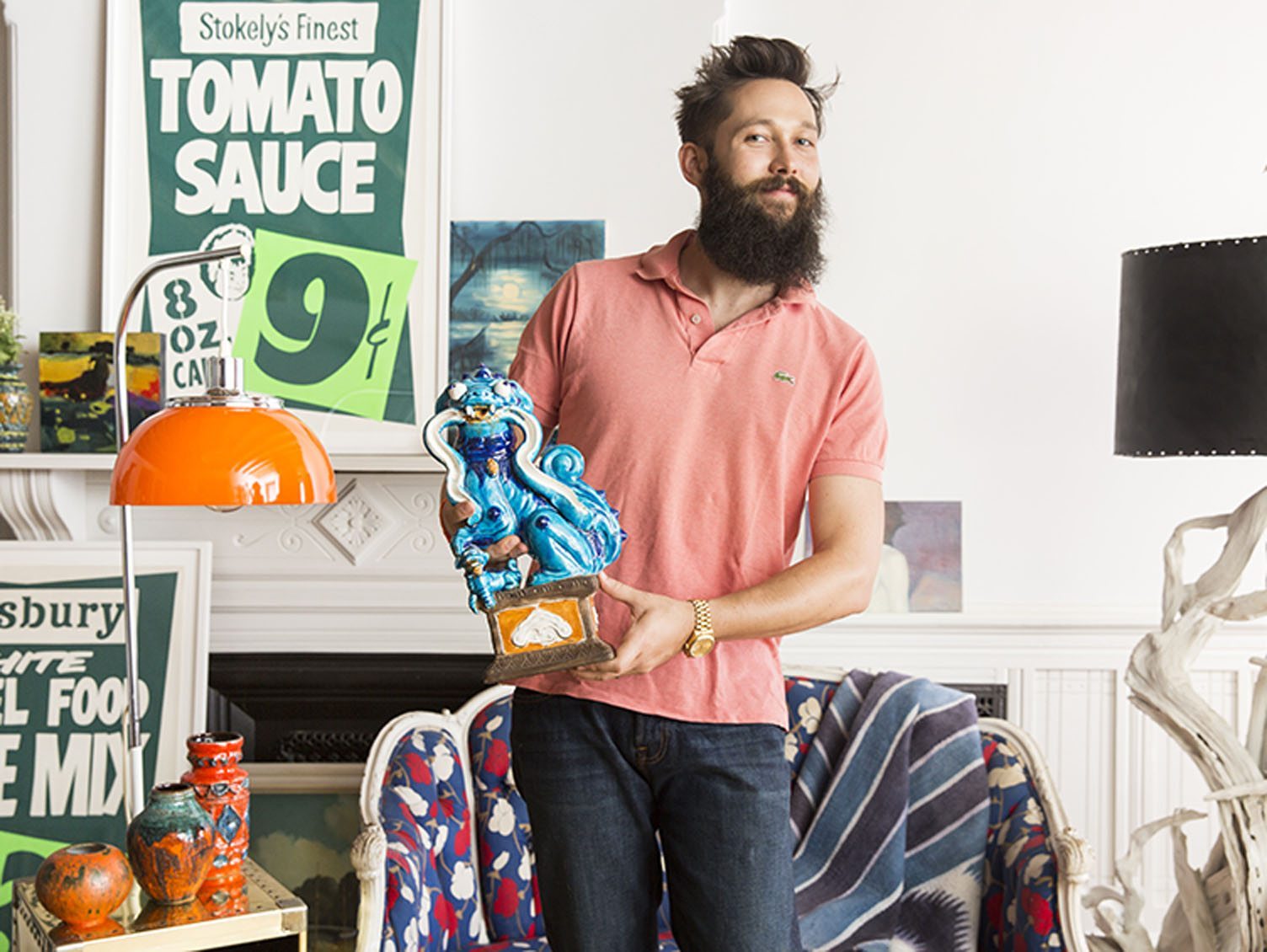 Chris Benz and Ugo Zaccagnini Vintage Foo Dog in eclectic living room