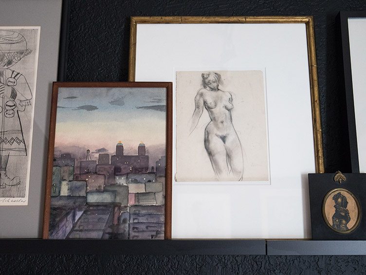 Sketch of Nude Women Next to Water Color Painting of City Scape. 