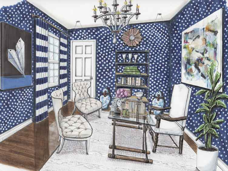 Rendering of bold home office with blue polka dot office and glass-topped desk