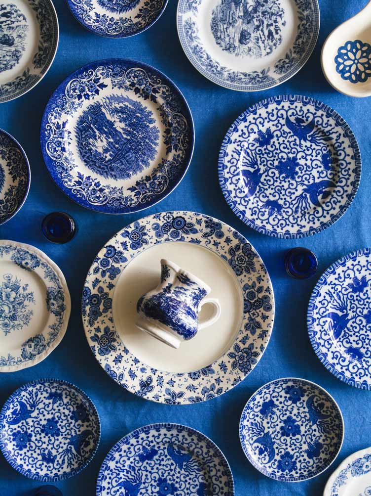 Mismatched Classic Blue and White China Plates in Floral Patterns and Chinoiserie on Chairish 