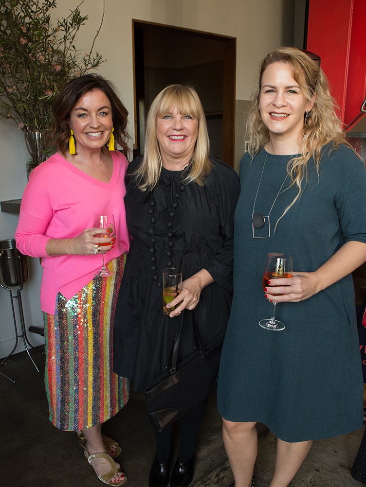 Anna Brockway, Victoria Smith, and Jaime Derringer of Design Milk pose at Chairish x MyDomaine Luncheon Celebrating L.A. Design. 