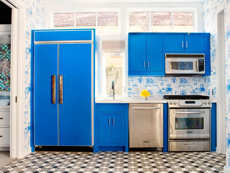 Colorful Kitchen with Blue Cabinets and Blue Chinoiserie Wallpaper on Chairish.