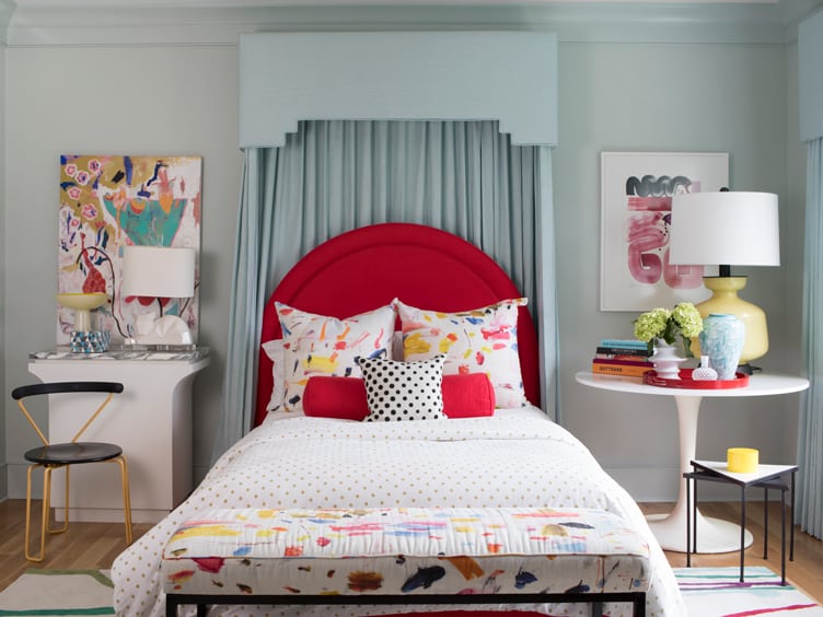 Angela Chrusciaki Blehm House bedroom with blue canopy and red headboard