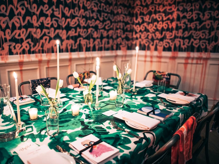 Colorful table setting with green and white table cloth at Nashville dinner