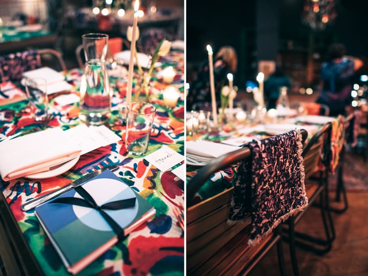 Colorful table setting at dinner celebrating Nashville designers