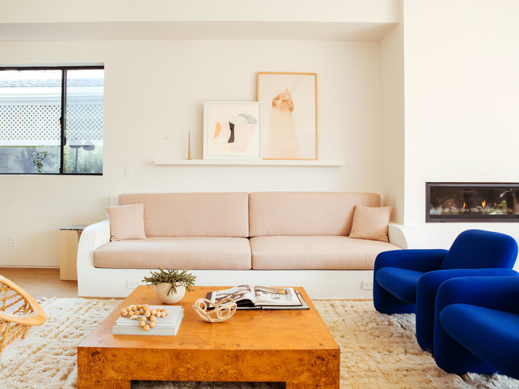 blush sofa with burl wood coffee table and small potted plant 