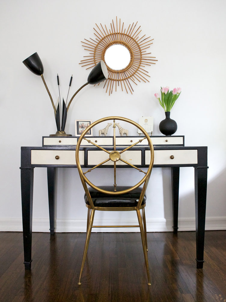 Black art deco desk with gold chair and cala lily lamp brass