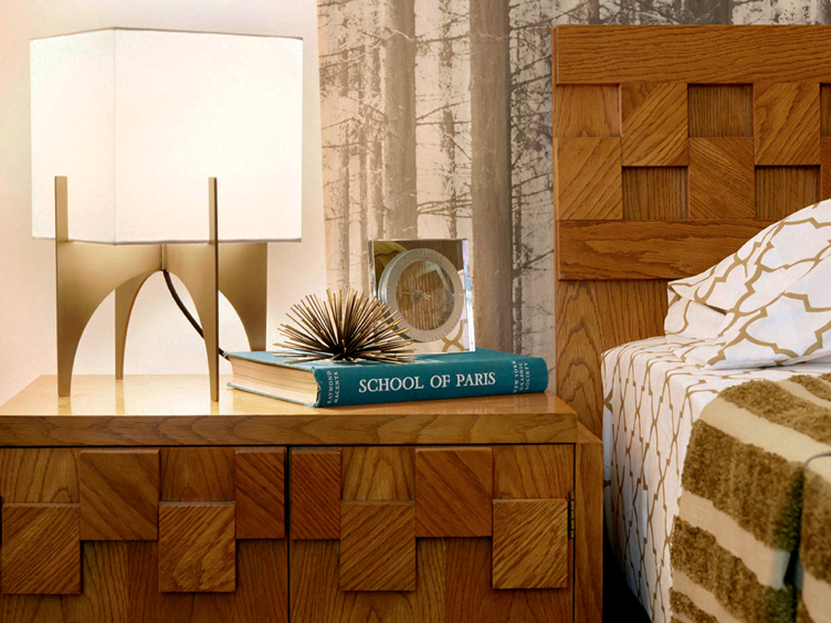 Wood side table with matching wood headboard and starburst paperweight 