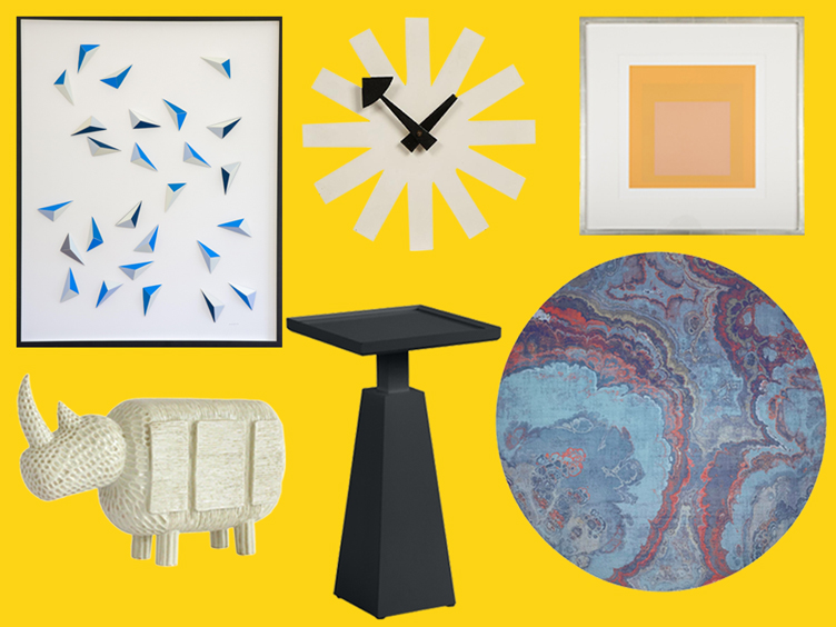 Assorted chairish gifts including a contemporary wall clock and pedestal side table 