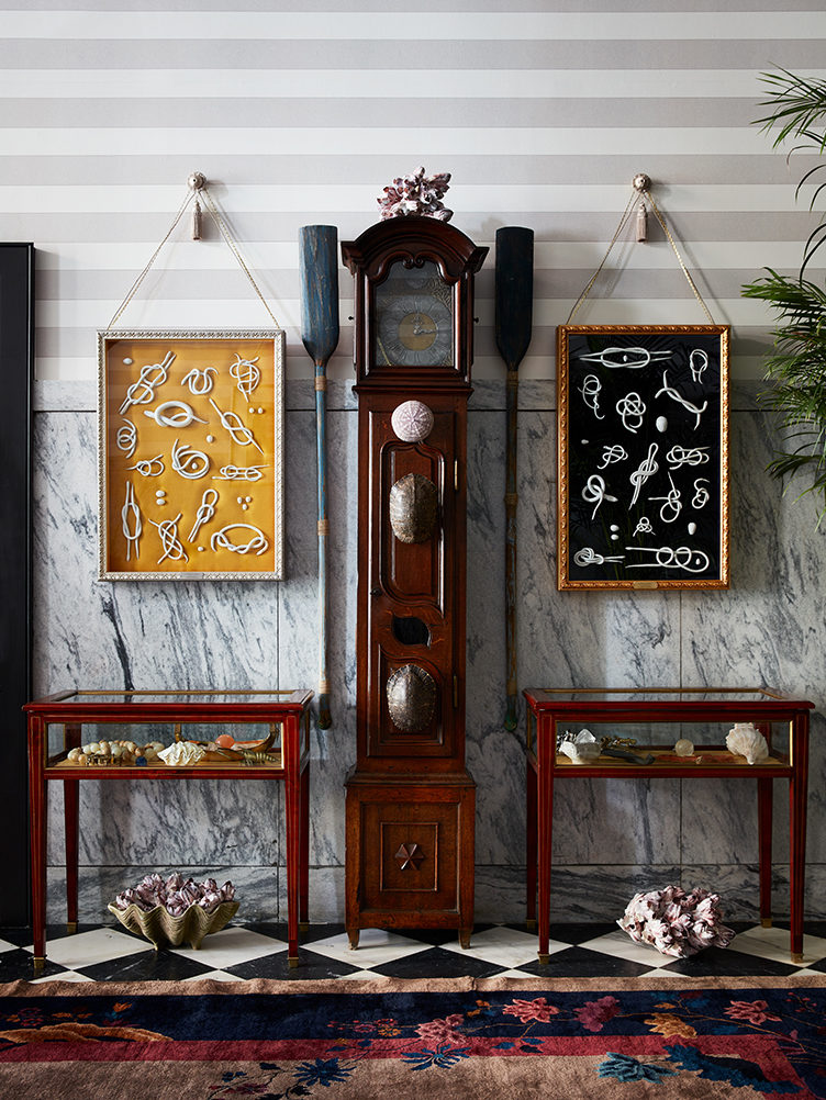 eclectic entryway, stripe wallpaper
