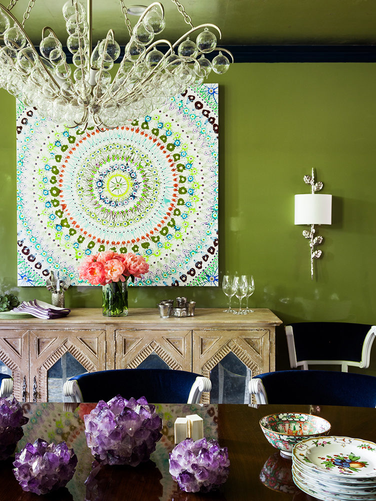 green dining room, bold dining room color, modern art