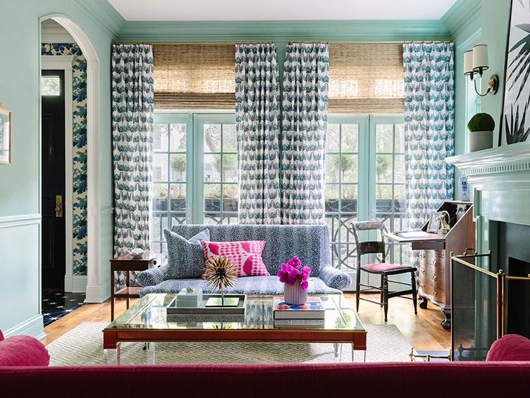 blue living room, patterned curtains, bright paint colors