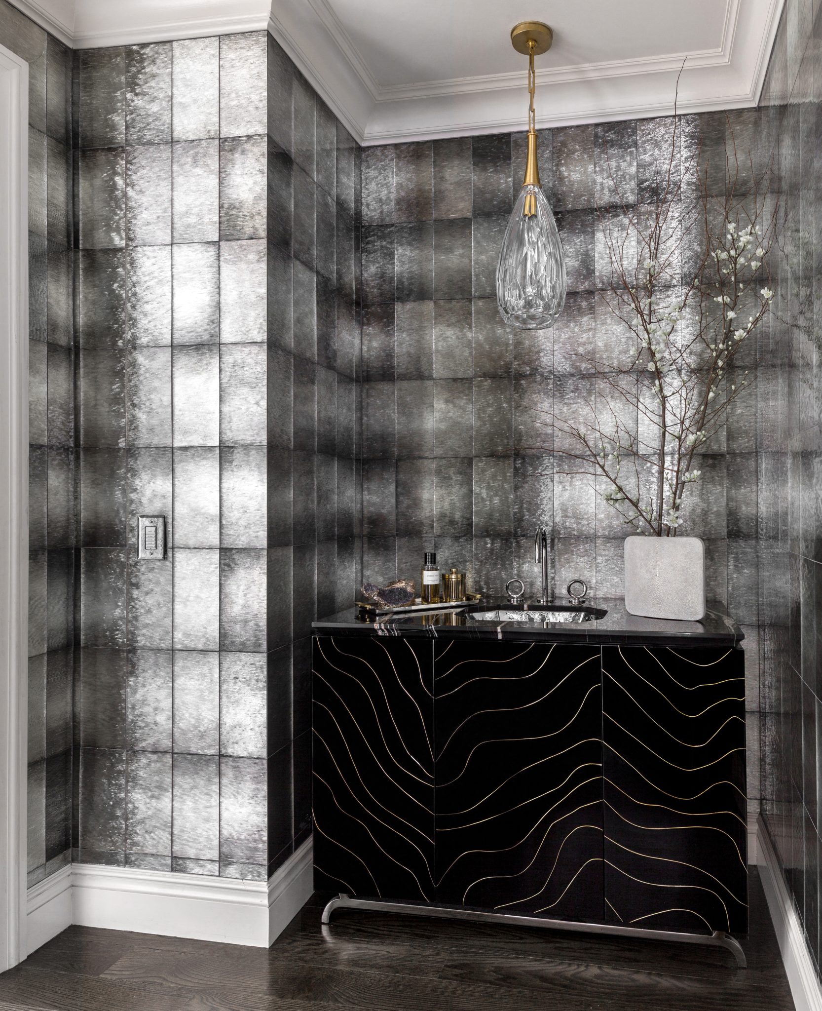 wallpaper mirrored wall on Glamorous Spaces With Mirrored Walls Chairish Blog