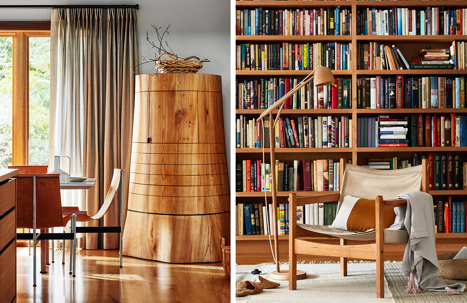 Library filled with books and natural wood and canvas accent chair and wood standing lamp.