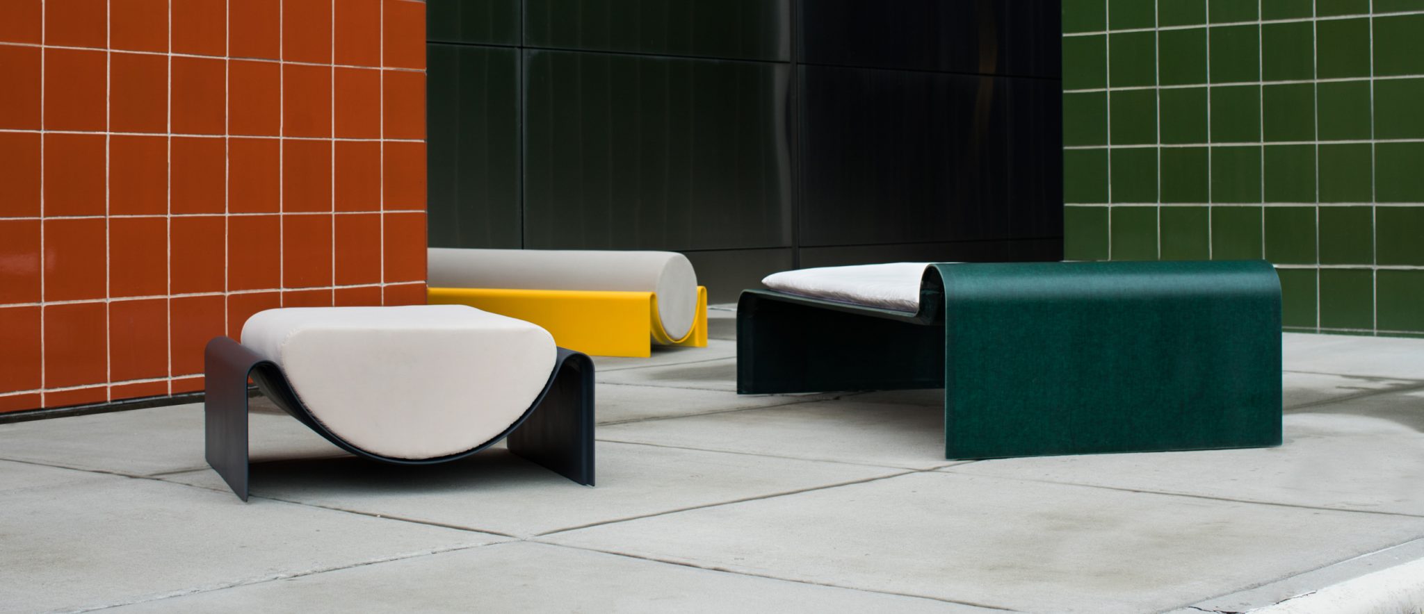 Modern, colorful metal and cushion seats made by Asa Pingree