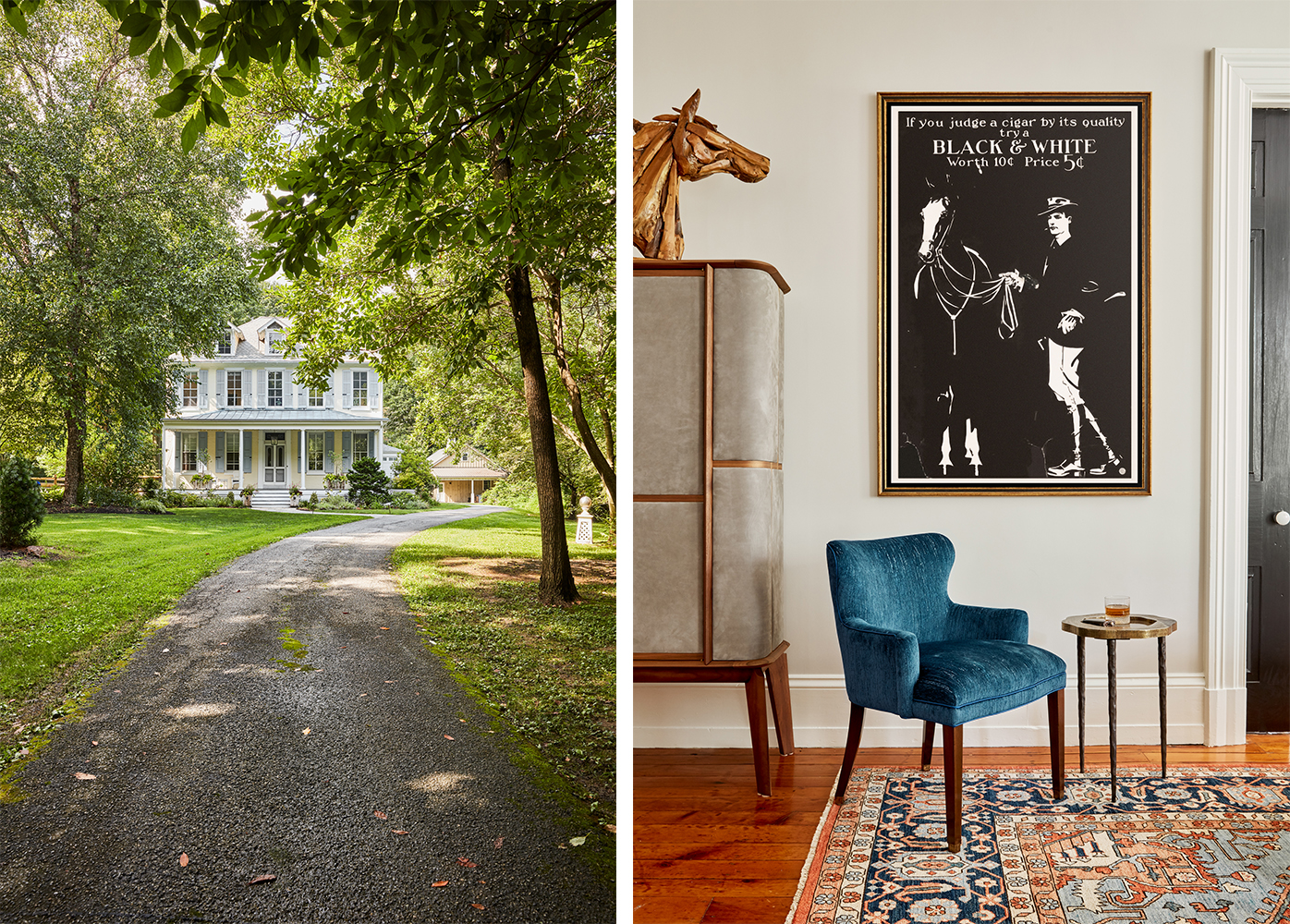 Exterior of blue farmhouse and blue velvet accent chair with woven rug