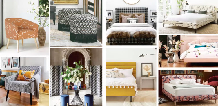 Collage of upholstered furniture with various prints in bedrooms and living rooms