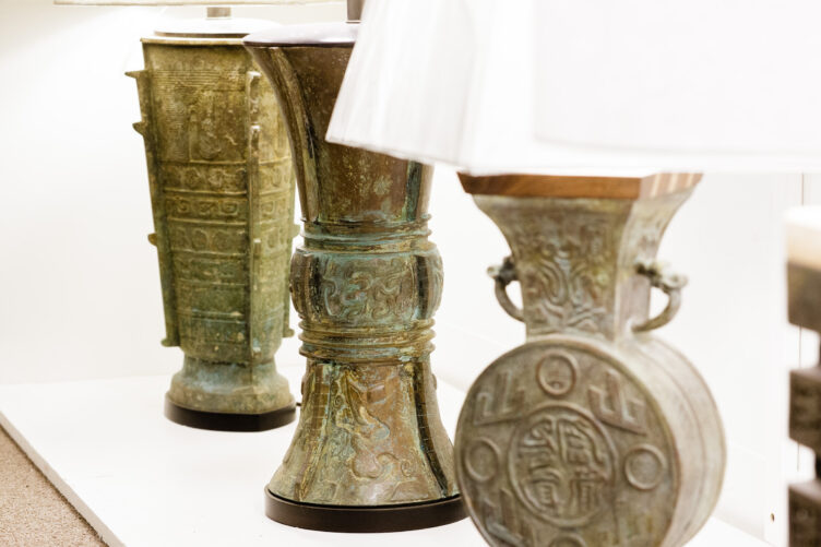 Lawrence & Scott table lamps with antique carved bases on Chairish 