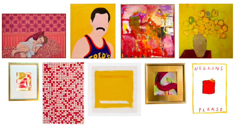 An array of paintings and posters featuring red, pink, yellow, and gold colors.