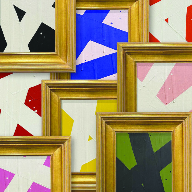 Overlapping abstract artwork with bright colors in gold frames.