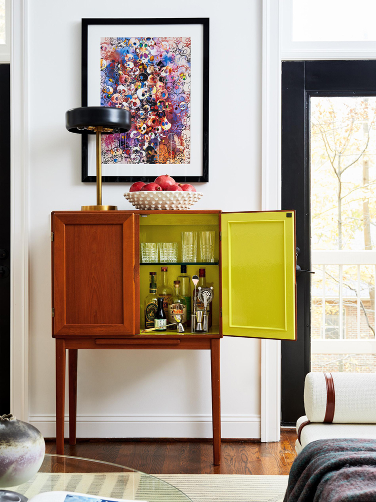 modern wood bar cabinet with yellow interior