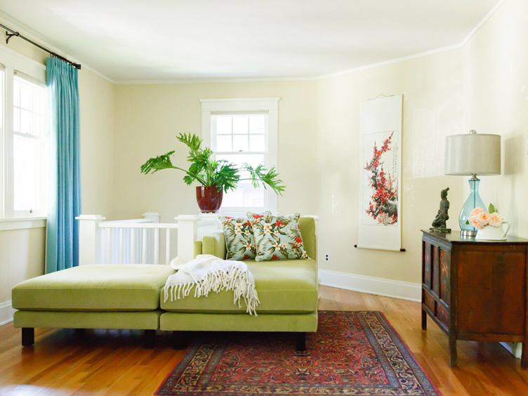 Historic House on the Hill, Boulder Colorado - Sitting Area with apple velour chaise and ottoman