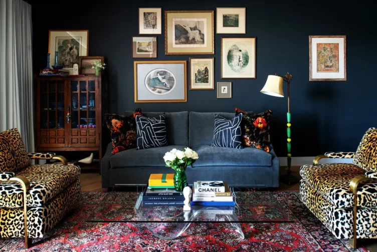 Art Deco Modern Living Room with gray blue velvet sofa and leopard chairs