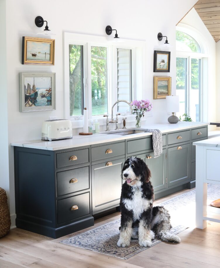 Rustic farmhouse kitchen with vintage paintings and dog