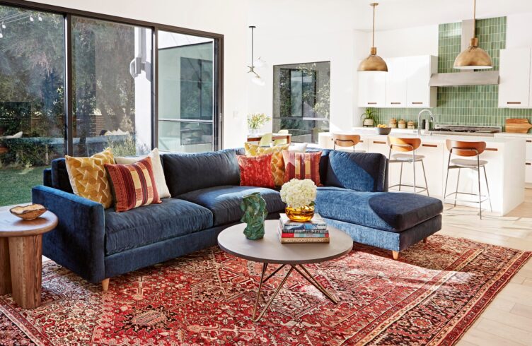 living room with vintage persian rug